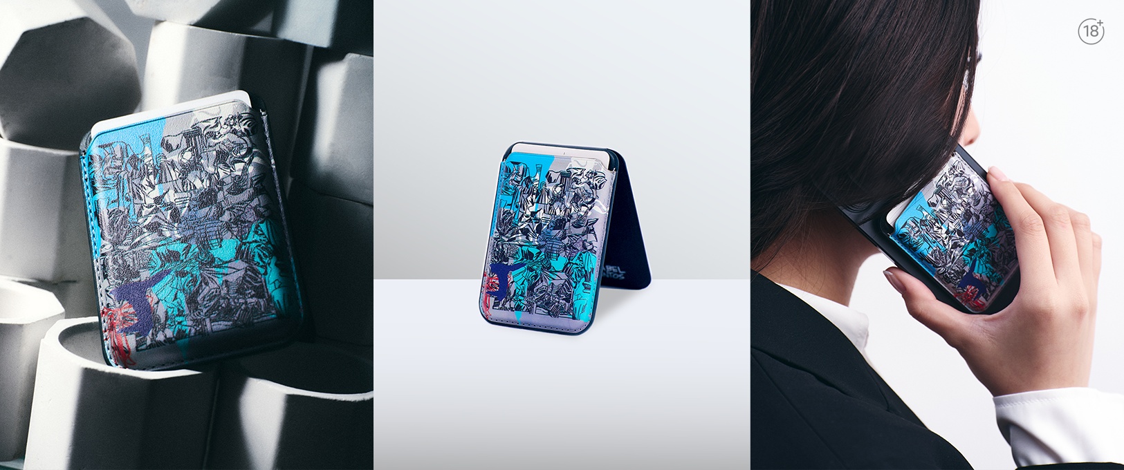 The Online Exclusive IQOS x ISABEL SANTOS Magnetic Snap Wallet featuring Isabel’s original artwork printed on the wallet’s surface and the IQOS x ISABEL SANTOS collaboration icon etched inside the wallet.
